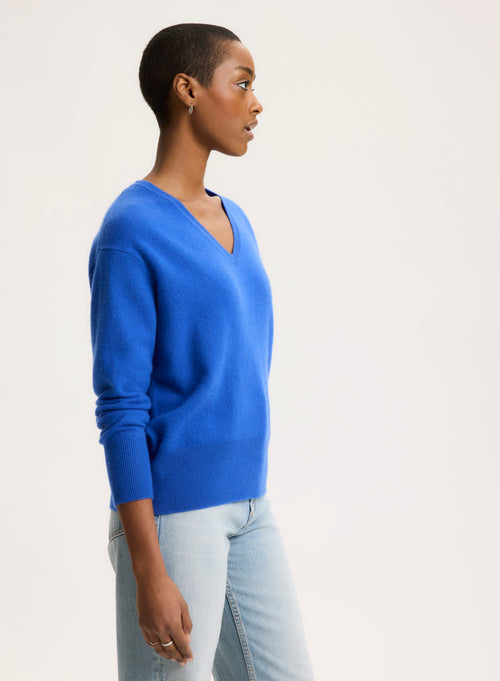 Blue V-neck Long Sleeve Sweater - MAJESTIC FILATURES