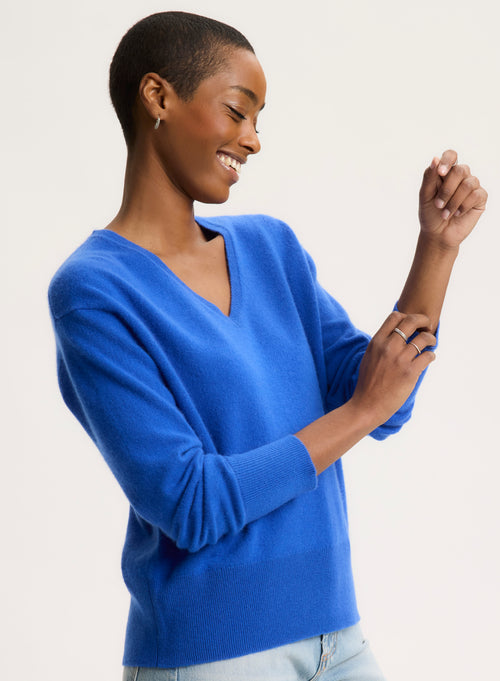 Blue V-neck Long Sleeve Sweater - MAJESTIC FILATURES