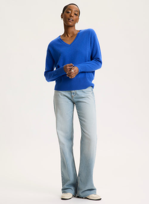 Blue V-neck Long Sleeve Sweater - MAJESTIC FILATURES