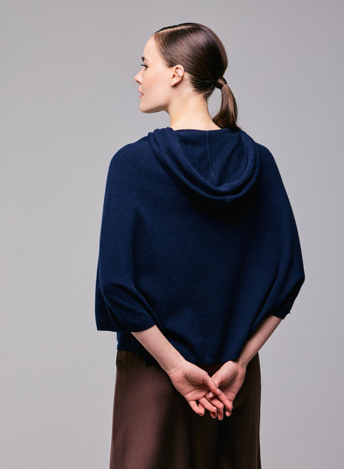Marineblauer langärmeliger Kaschmirpullover mit Kapuze - MAJESTIC FILATURES
