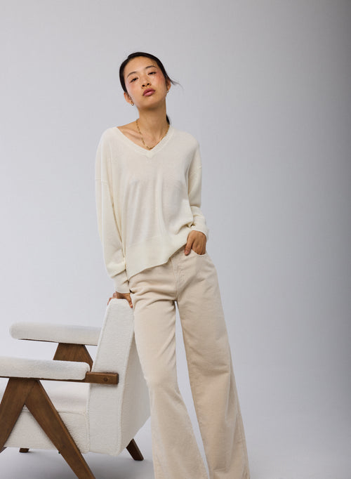 Pull Blanc Col V Manches Longues en Cachemire - MAJESTIC FILATURES