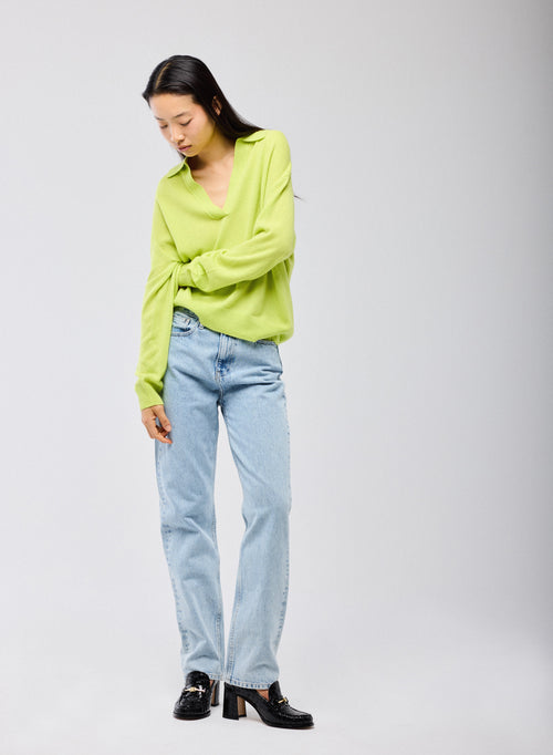 Pull Jaune Col Polo Manches Longues en Cachemire - MAJESTIC FILATURES