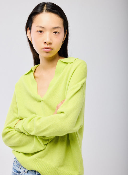 Pull Jaune Col Polo Manches Longues en Cachemire - MAJESTIC FILATURES