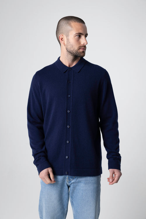 Gilet Marine Col Chemise Manches Longues en Cachemire - MAJESTIC FILATURES