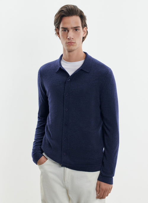 Chaleco azul marino con cuello camisero y mangas largas de cachemira - MAJESTIC FILATURES