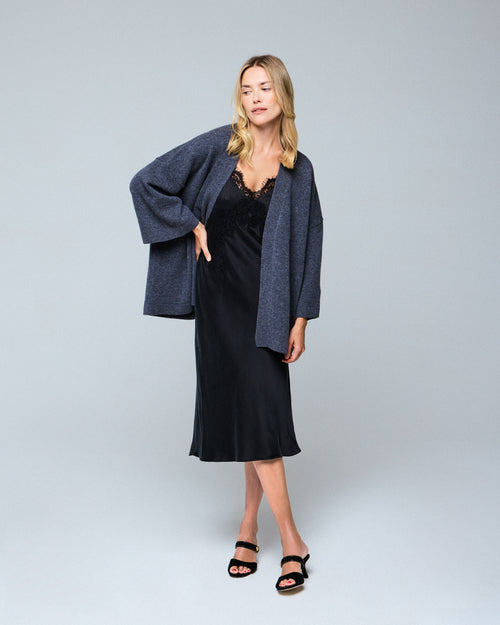 Cárdigan gris con cuello chal de manga larga en lana merino - MAJESTIC FILATURES