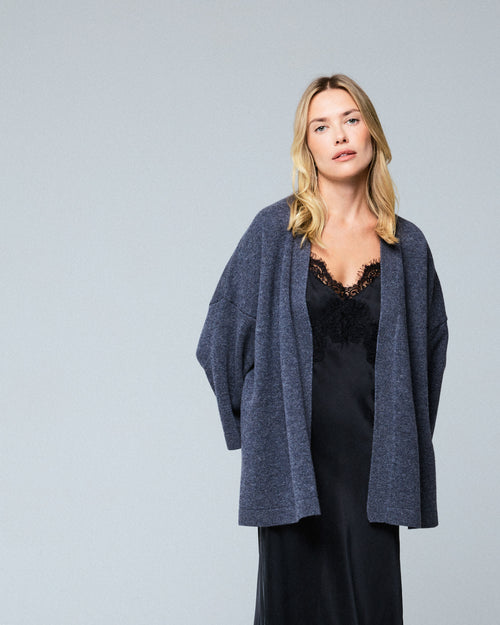 Cárdigan gris con cuello chal de manga larga en lana merino - MAJESTIC FILATURES