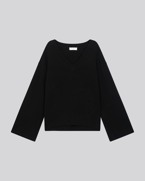 Pull Noir Col V Manches Longues en Laine merinos - MAJESTIC FILATURES