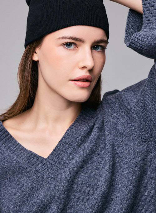 Pull Gris Col V Manches Longues en Laine merinos - MAJESTIC FILATURES