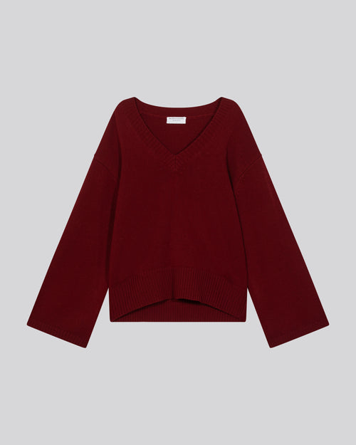 Jersey rojo de manga larga con cuello de pico en lana merino - MAJESTIC FILATURES