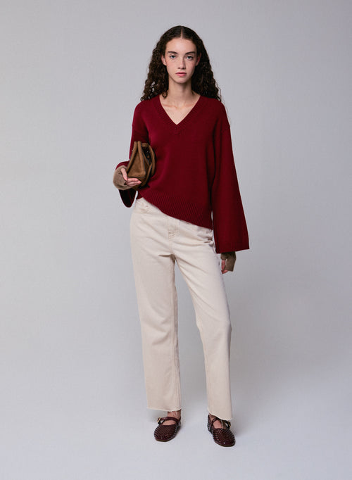 Jersey rojo de manga larga con cuello de pico en lana merino - MAJESTIC FILATURES