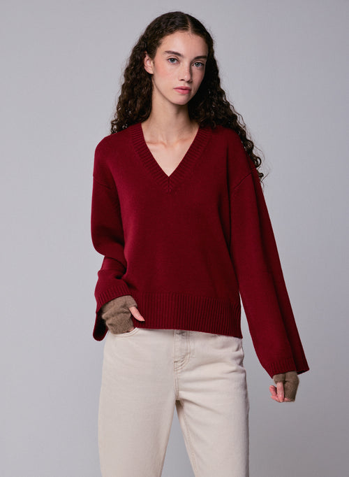 Jersey rojo de manga larga con cuello de pico en lana merino - MAJESTIC FILATURES