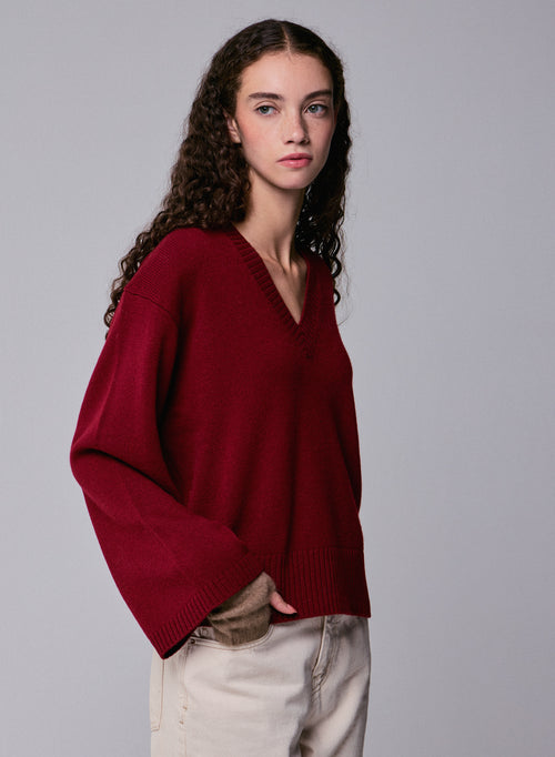 Jersey rojo de manga larga con cuello de pico en lana merino - MAJESTIC FILATURES