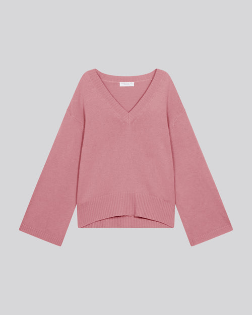 Pink V-neck long-sleeved merino wool sweater - MAJESTIC FILATURES