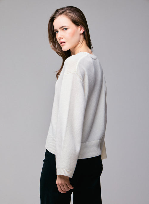 Pull Blanc Col V Manches Longues en Laine merinos - MAJESTIC FILATURES