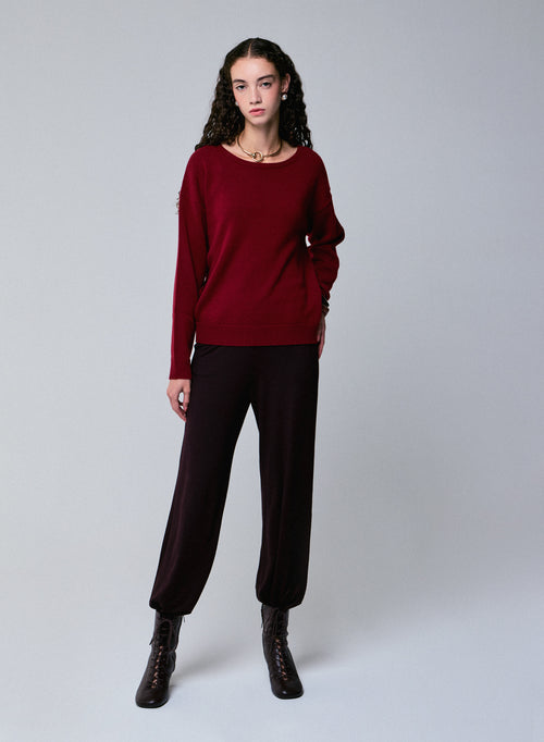 Jersey rojo de manga larga con cuello redondo en lana merino - MAJESTIC FILATURES