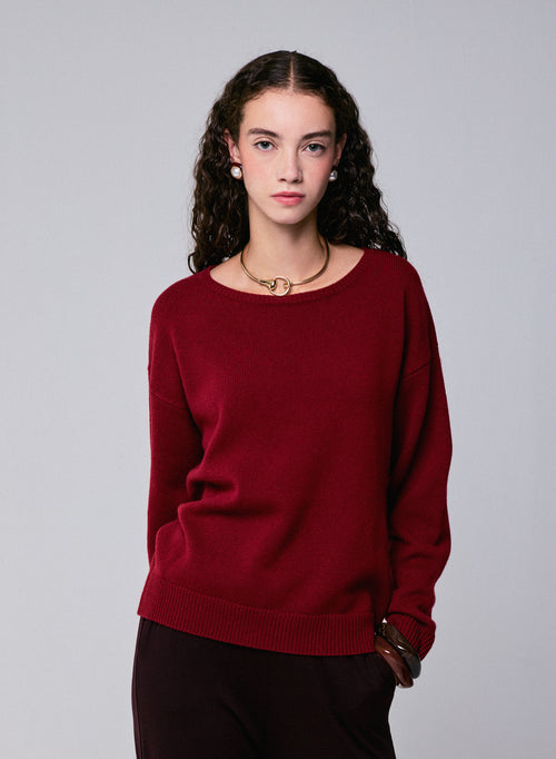 Jersey rojo de manga larga con cuello redondo en lana merino - MAJESTIC FILATURES