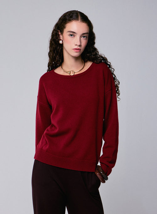 Jersey rojo de manga larga con cuello redondo en lana merino - MAJESTIC FILATURES