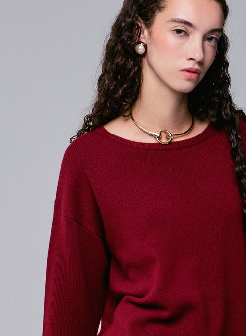 Jersey rojo de manga larga con cuello redondo en lana merino - MAJESTIC FILATURES