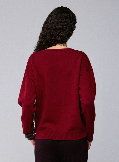 Jersey rojo de manga larga con cuello redondo en lana merino - MAJESTIC FILATURES