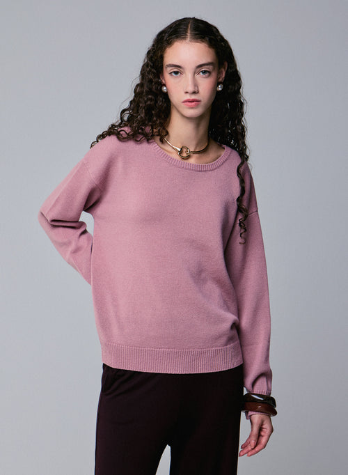 Suéter de lana merino de manga larga con cuello redondo rosa - MAJESTIC FILATURES