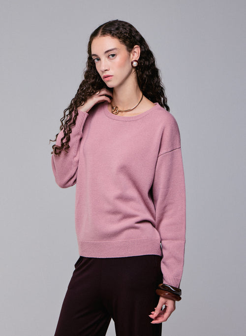 Suéter de lana merino de manga larga con cuello redondo rosa - MAJESTIC FILATURES