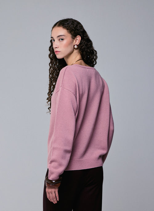 Suéter de lana merino de manga larga con cuello redondo rosa - MAJESTIC FILATURES
