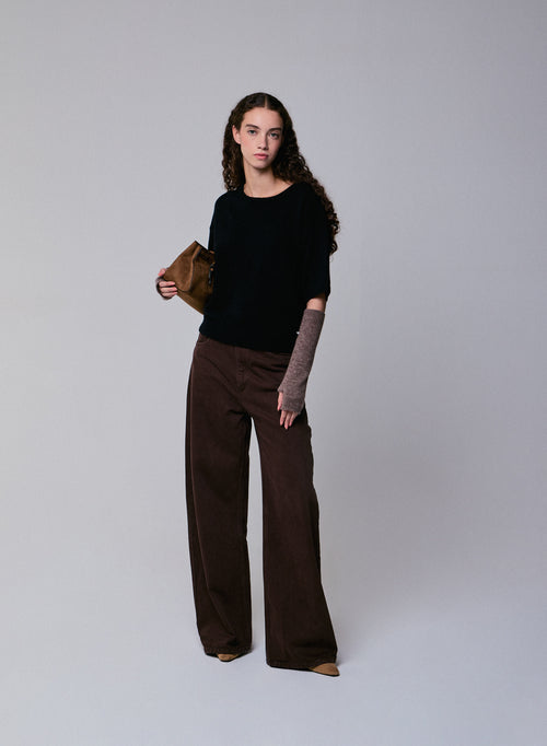 Pull Noir Col Rond Manches Courtes en Laine merinos - MAJESTIC FILATURES