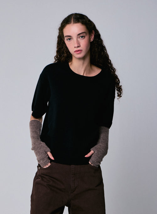 Pull Noir Col Rond Manches Courtes en Laine merinos - MAJESTIC FILATURES