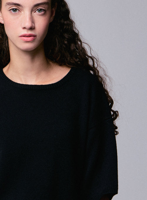 Pull Noir Col Rond Manches Courtes en Laine merinos - MAJESTIC FILATURES