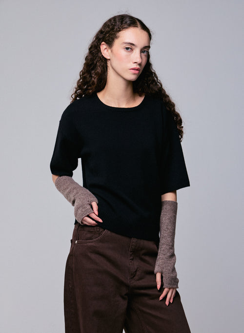 Pull Noir Col Rond Manches Courtes en Laine merinos - MAJESTIC FILATURES