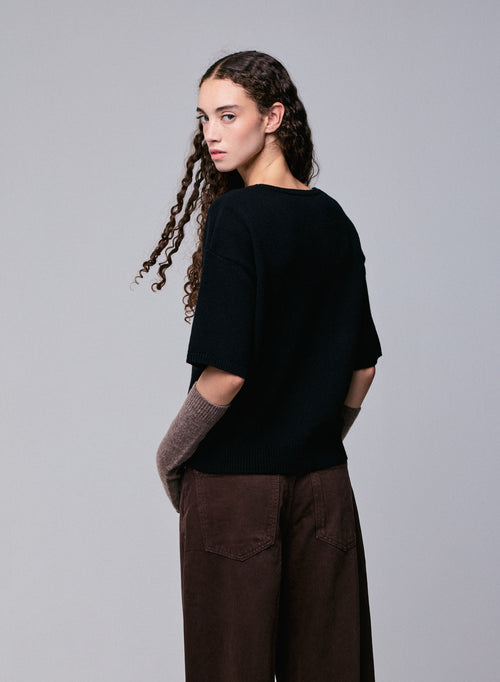 Pull Noir Col Rond Manches Courtes en Laine merinos - MAJESTIC FILATURES