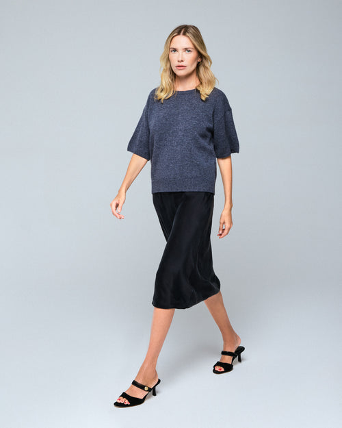 Jersey de lana merino gris de manga corta con cuello redondo - MAJESTIC FILATURES