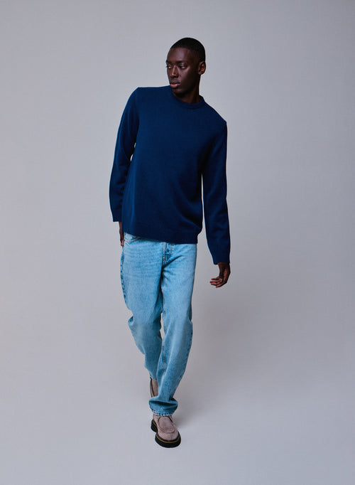 Blue Round Neck Long Sleeve Merino Wool Sweater - MAJESTIC FILATURES