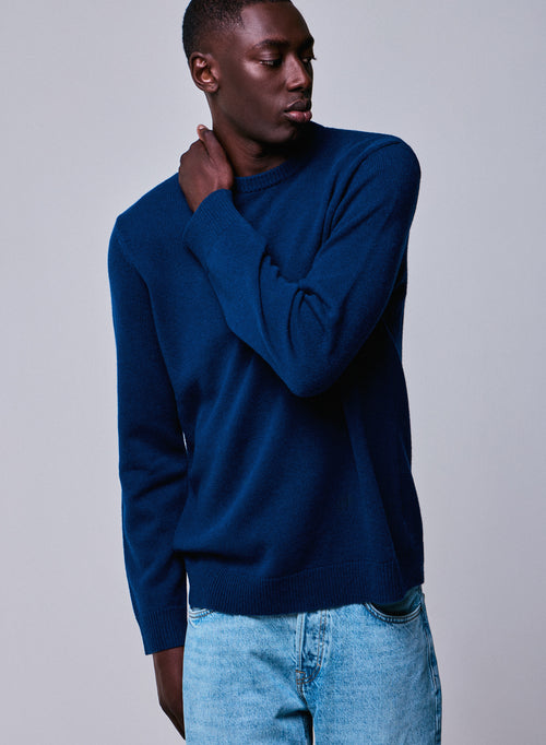Blue Round Neck Long Sleeve Merino Wool Sweater - MAJESTIC FILATURES