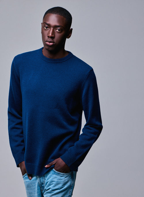 Blue Round Neck Long Sleeve Merino Wool Sweater - MAJESTIC FILATURES