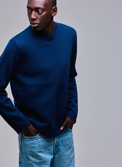 Blue Round Neck Long Sleeve Merino Wool Sweater - MAJESTIC FILATURES