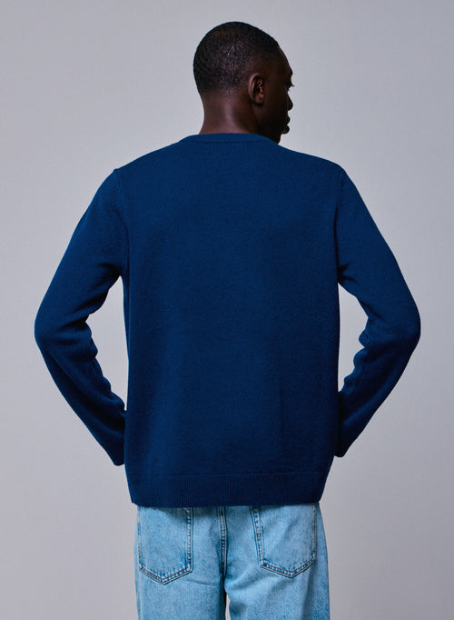 Blue Round Neck Long Sleeve Merino Wool Sweater - MAJESTIC FILATURES