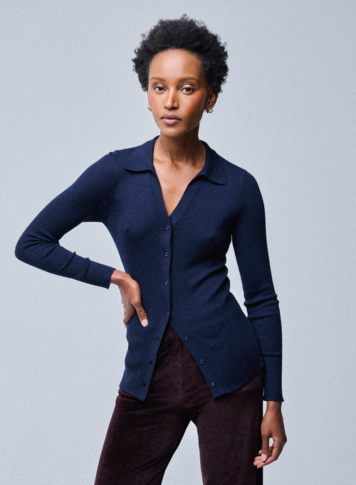 Navy Sweater Long Sleeve Merino Wool Shirt - MAJESTIC FILATURES