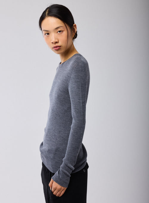 Grey Crew Neck Long Sleeve Sweater in Merino Wool - MAJESTIC FILATURES