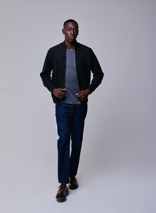 Black cardigan with long sleeve high neck in merino wool - MAJESTIC FILATURES