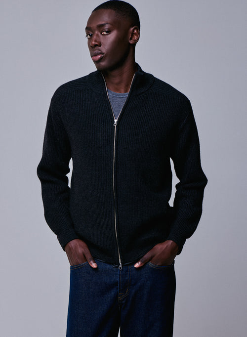 Black cardigan with long sleeve high neck in merino wool - MAJESTIC FILATURES