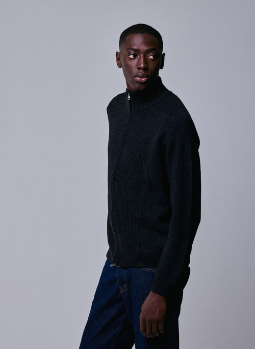 Black cardigan with long sleeve high neck in merino wool - MAJESTIC FILATURES