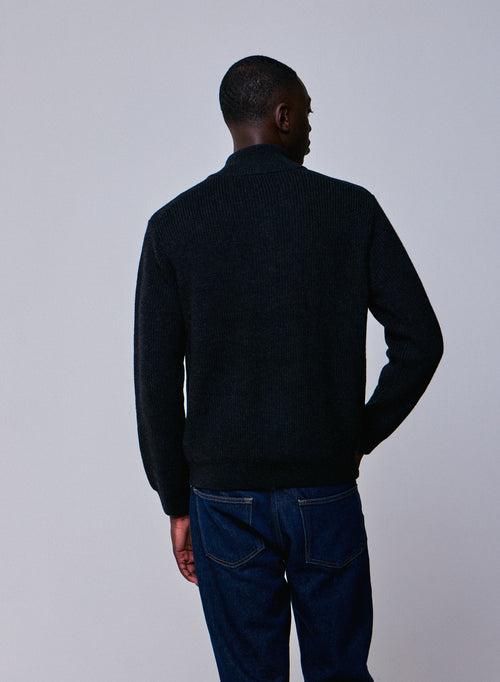 Black cardigan with long sleeve high neck in merino wool - MAJESTIC FILATURES