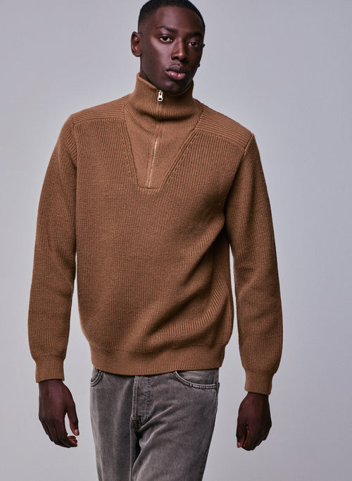 Brown Sweater with Long Sleeve High Neck in Merino Wool - MAJESTIC FILATURES