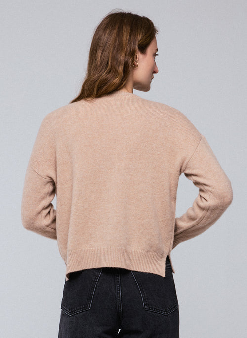 Jersey beige de cuello redondo y manga larga de lana / cachemir - MAJESTIC FILATURES