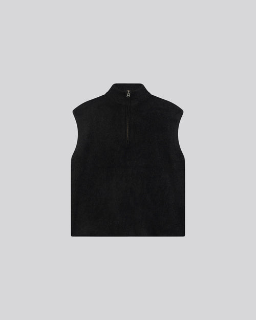 Black Sleeveless Stand-Up Collar Sweater in Alpaca / Polyamide / Elastane - MAJESTIC FILATURES