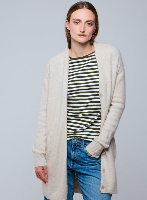 Beige Strickjacke mit langärmeligem Schalkragen aus Wolle / Fuchs / Polyamid - MAJESTIC FILATURES