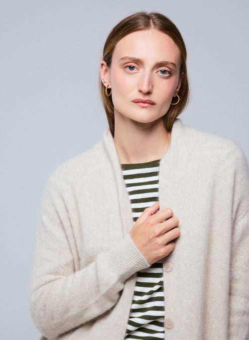 Beige Strickjacke mit langärmeligem Schalkragen aus Wolle / Fuchs / Polyamid - MAJESTIC FILATURES