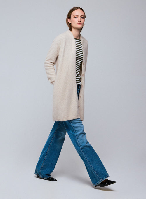 Beige Strickjacke mit langärmeligem Schalkragen aus Wolle / Fuchs / Polyamid - MAJESTIC FILATURES